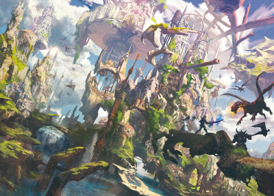 Konachan.com - 211280 building clouds dragon hat ochurucchuru original ruins scenic sky staff sword weapon witch_hat