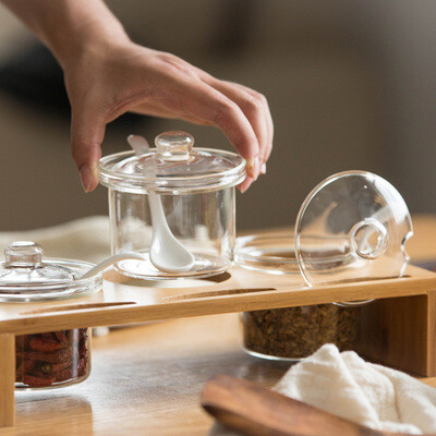 摩登主妇创意日式调味罐玻璃调味盒调味瓶厨房用品收纳罐竹木架