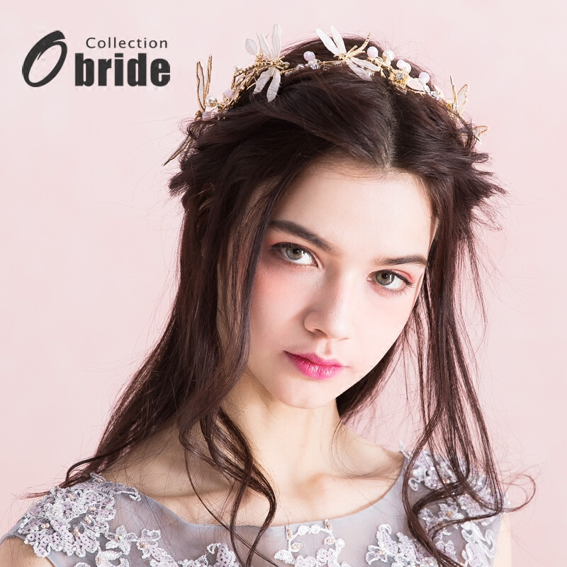 obride婚纱礼服头饰蜻蜓皇冠纯手工发箍金色小清新新娘配饰