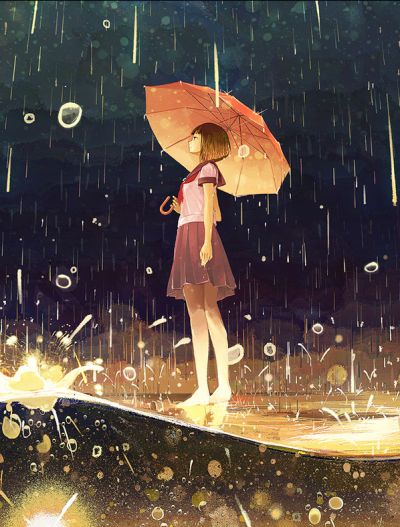 雨天下的少女，晶莹剔透的雨滴 ……如梦般的美好，安静……隐隐透露女孩内心深处的寂寥……