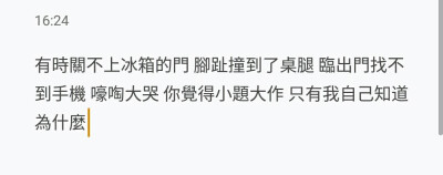 “有時關不上冰箱的門 腳趾撞到了桌腿 臨出門找不到手機 嚎啕大哭 你覺得小題大作 只有我自己知道為什麼” ?