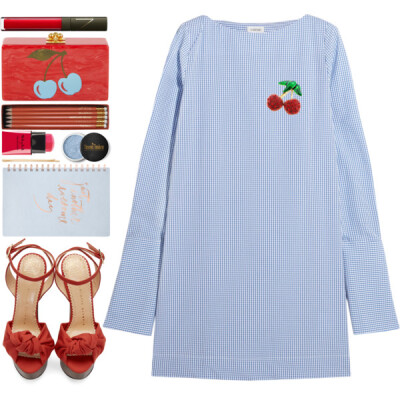 A fashion look from May 2017 featuring blue gingham dress, wooden sandals and red brooch. Browse and shop related looks.