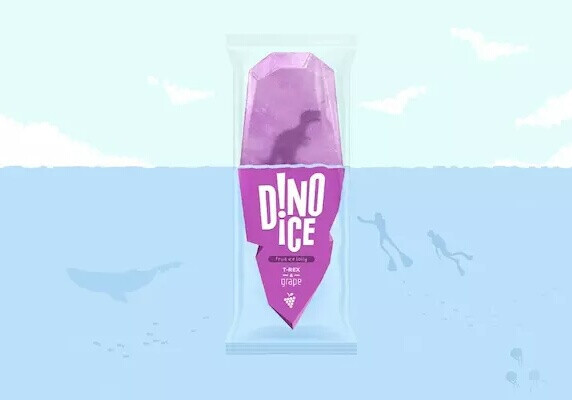 这套名为 Dino Ice 的冰棒由俄罗斯设计师 Sasha B. Perelman 和 Katya Mushkina 以琥珀为灵感打造，三种水果口味的岩石状冰块将恐龙造型的塑料棍顶端“封印”了起来，配合一半透明一半插画的外包装，让人有一种在北极挖掘恐龙化石的感觉。