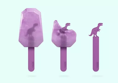 这套名为 Dino Ice 的冰棒由俄罗斯设计师 Sasha B. Perelman 和 Katya Mushkina 以琥珀为灵感打造，三种水果口味的岩石状冰块将恐龙造型的塑料棍顶端“封印”了起来，配合一半透明一半插画的外包装，让人有一种在北…