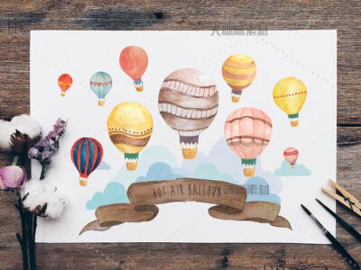 文艺热气球旅行白云卡片海报店招背景水彩手绘免抠设计素材PNG36