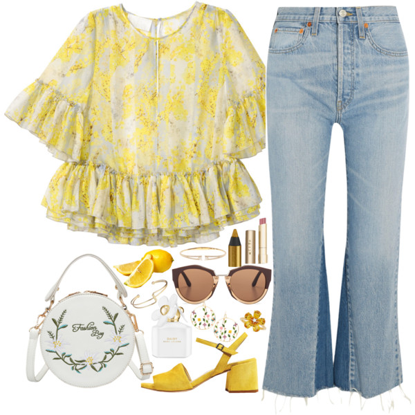 A fashion look from June 2017 featuring patterned shirts, high-waisted jeans and low heel pumps. Browse and shop related looks.