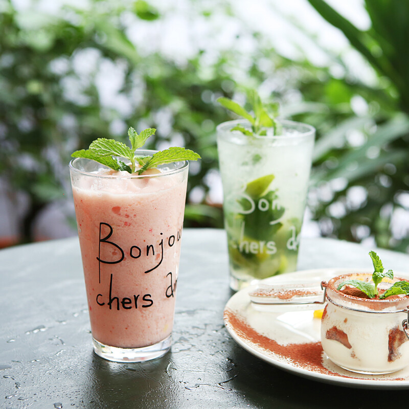 简约字母时尚Boujour玻璃杯 果汁饮料牛奶咖啡餐厅杯子花茶杯水杯