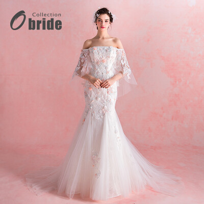 Obride2017新款婚纱礼服鱼尾一字肩手工花朵披肩显瘦小拖尾婚纱