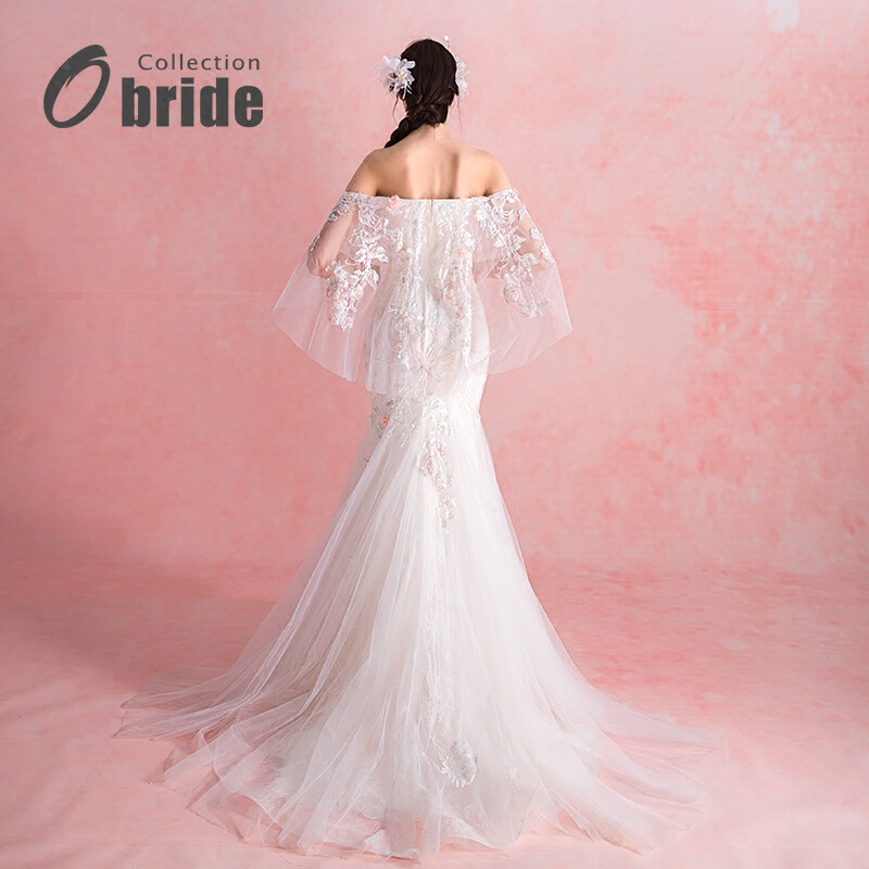 Obride2017新款婚纱礼服鱼尾一字肩手工花朵披肩显瘦小拖尾婚纱