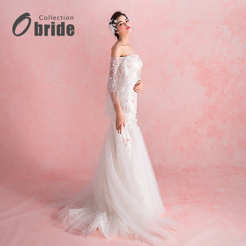 Obride2017新款婚纱礼服鱼尾一字肩手工花朵披肩显瘦小拖尾婚纱