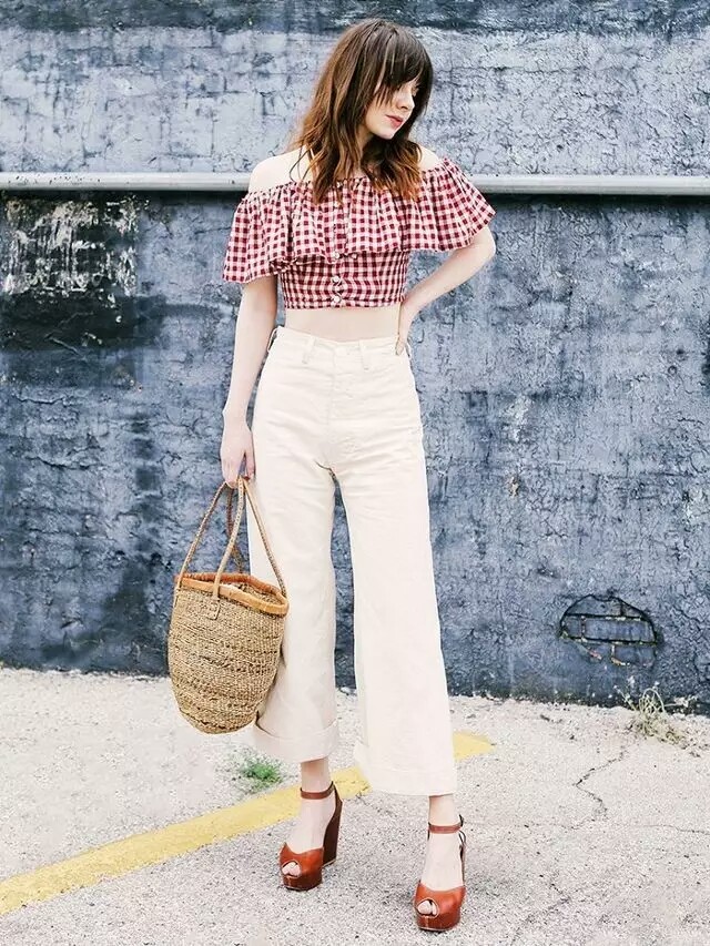 格子一字肩 阔腿裤