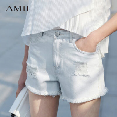 Amii[极简主义]夏纯色破洞毛边修身显瘦牛仔短裤女热裤夏白色
