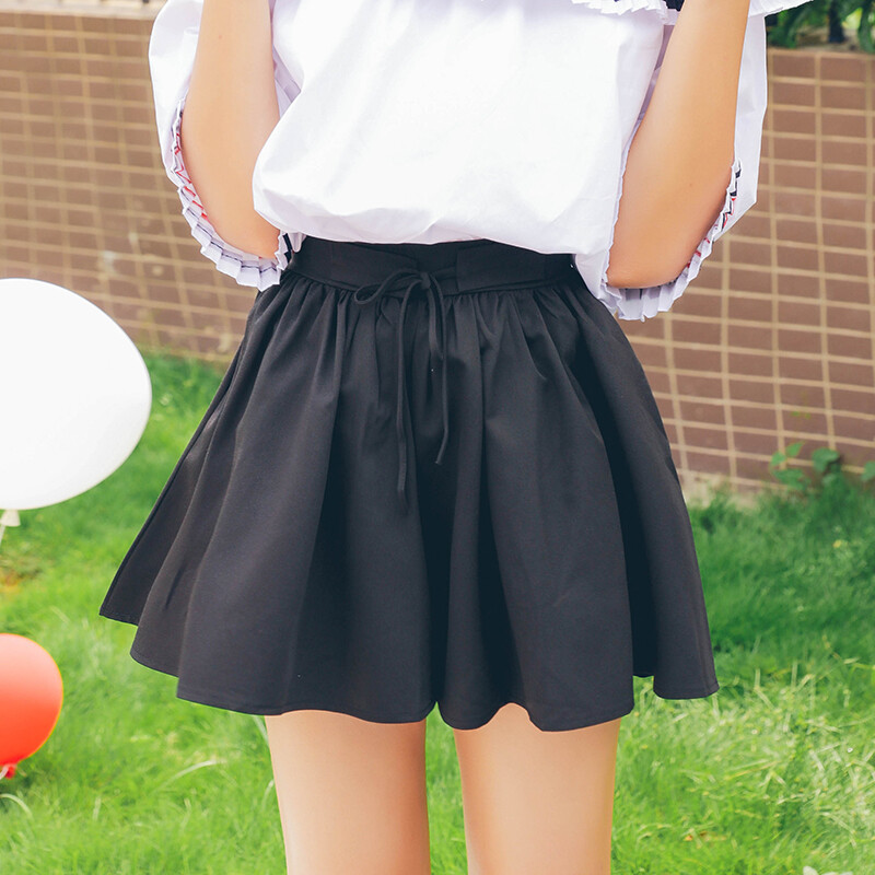 夏目衣小田定制夏季新款甜美纯色韩范学院风系带宽松阔腿短裤裙