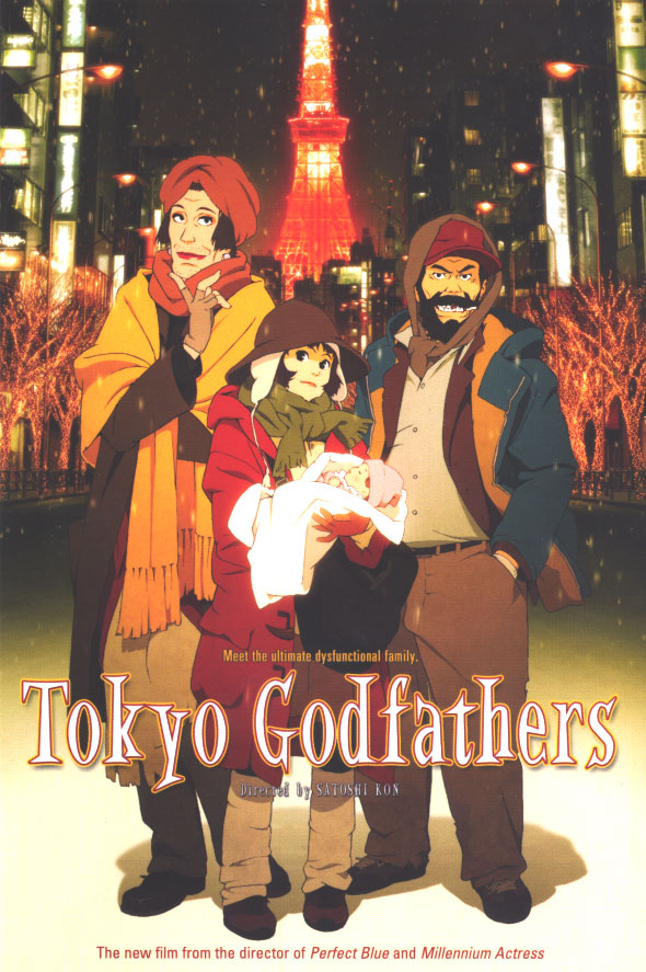 今敏 東京教父 Tokyo Godfathers
在一個聖誕夜裡，三個無家可歸的人──哈娜、阿金與美由紀在垃圾場找尋小花要給美雪的聖誕禮物時，發現一位被遺棄的女嬰，亦同時發現有幾個人和此女嬰的親生父母有關。袋子中的線索包括數張女嬰的父母的照片和一張某家俱樂部的卡片，但這是被設置好的計畫──要讓發現女嬰的人們去尋找女嬰的親生父母。小花想要扶養女嬰，因為小花覺得自己像個母親；阿仁則認為他們並不能給那位女嬰帶來任何幸福，還不如把女嬰送還給她的親生父母。於是三人開始出發前往卡片中的地址。小花並給女嬰取名為清子，其意思為“純潔的小孩”，因為小花相信聖誕夜是一年之中最純潔的一個夜晚。