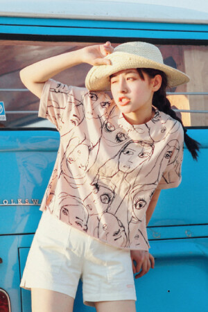 古印花人像短袖T恤、学院风小宽松字母绣花短裤