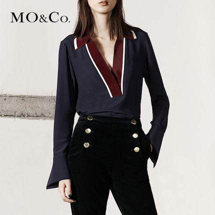 MO&Co.罗纹撞色织带拼接丝绸V领喇叭长袖衬衫女MA1631TOP18摩安珂