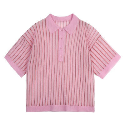 Designer club / 夏季新度假风透明丝冰沙粉polo领针织T条纹DW02