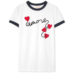 A casual romance. This T-Shirt turns a cotton basic into a lovely statement look with the word amore in black sequins and red heart appliqués, enfolded to create origami-like structure. Contrast ribbing at the neckline and sleeves lends a sharp finish to this sweet design.