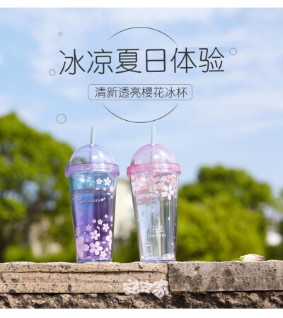 夏季创意唯美时尚双层制冷冰杯 樱花杯子塑料带盖吸管随手水杯