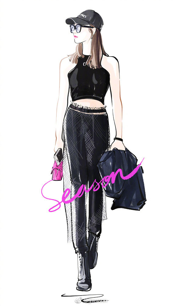 #jjseason插画# #season街拍插画# ----- 5月25日，@宋茜 身穿@offwhite官博 背心，搭配Ann Demeulemeester修身裤，黑色酷帅现身机场。 ​​​​