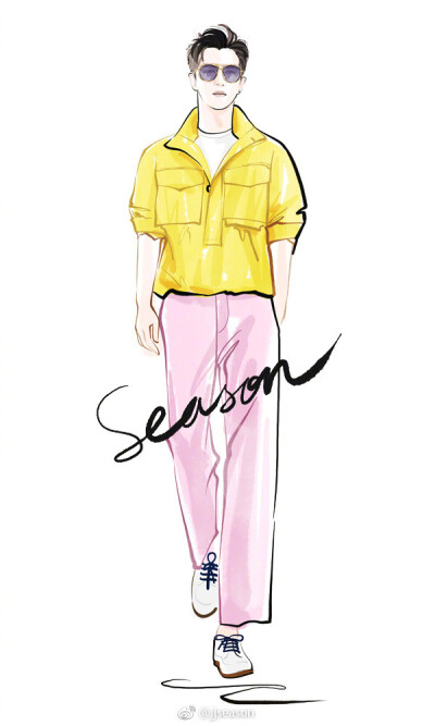 #jjseason插画# #season明星插画# ----- @韩庚 Salvatore Ferragamo柠檬黄外套搭配Gucci粉色长裤，青春彩色演绎@我们的街拍时刻 街拍大片。 ????