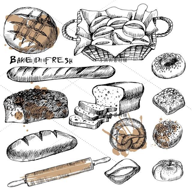 AI2矢量烘焙面包海报菜单图案线稿素描插画 AI设计素材