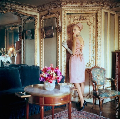 Designers' Homes Pink Satin, 1960. Christa Vogel wearing a Dior satin dress, photographed for 1960 issue of Life Magazine. The setting is a house owned by Suzanne Luling, Directrice of Dior, Paris. The source of this image was a 2.25” x 2.25” vintage color transparency.