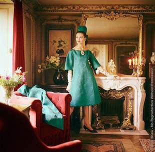 Teal princess line Dior Dress. Outtake from a 1960 photo shoot for Life Magazine, this image was photographed in a grand Parisian residence. The source of this image was a 2.25” x 2.25” vintage color transparency.