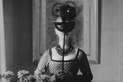 Dior, St. Laurent's Mask with Lola Dress, 1958. The source for this image was a vintage 35mm black and white negative.