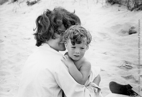 Jackie and Caroline on the beach in Hyannis Port, 1959. This photo was used as the cover of Mark Shaw's famous book, the John F. Kennedys, which was re-released in the year 2000. The source for this image was a vintage 35mm black and white negative.