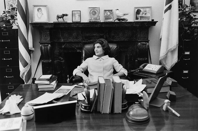 Jackie sits at JFK’s senate desk in 1959. The source for this image was a vintage 35mm black and white negative.