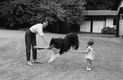 Jackie and Caroline Kennedy play with the family's Collie on the Virginia estate of Jacqueline's mother, Mrs. Hugh D. Auchincloss. The Collie is a member of the herding group that originated in England. Committed to the flock, Collies are gentle and sweet, making them the perfect family members. Pho