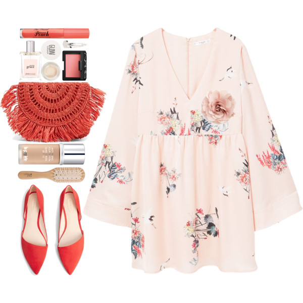 A fashion look from June 2017 featuring pink v neck dress, flat pointy toe shoes and woven handbags. Browse and shop related looks.