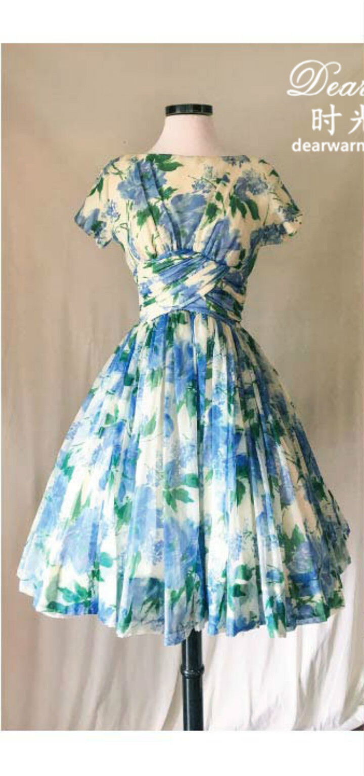 1950s 蓝绿色抽象派印花古董连衣裙