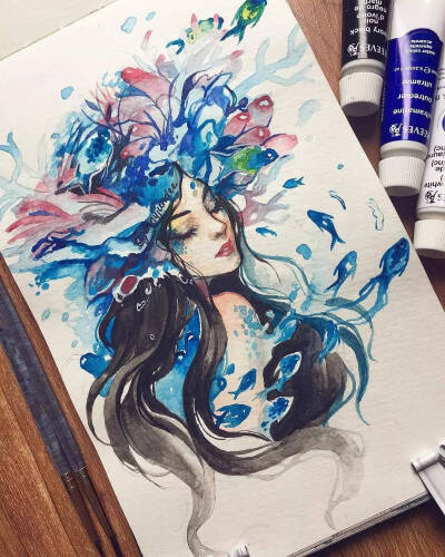 插画，海的女儿