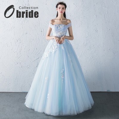 Obride2017年新款一字肩婚纱礼服淡蓝色婚纱新娘结婚出门纱演出服