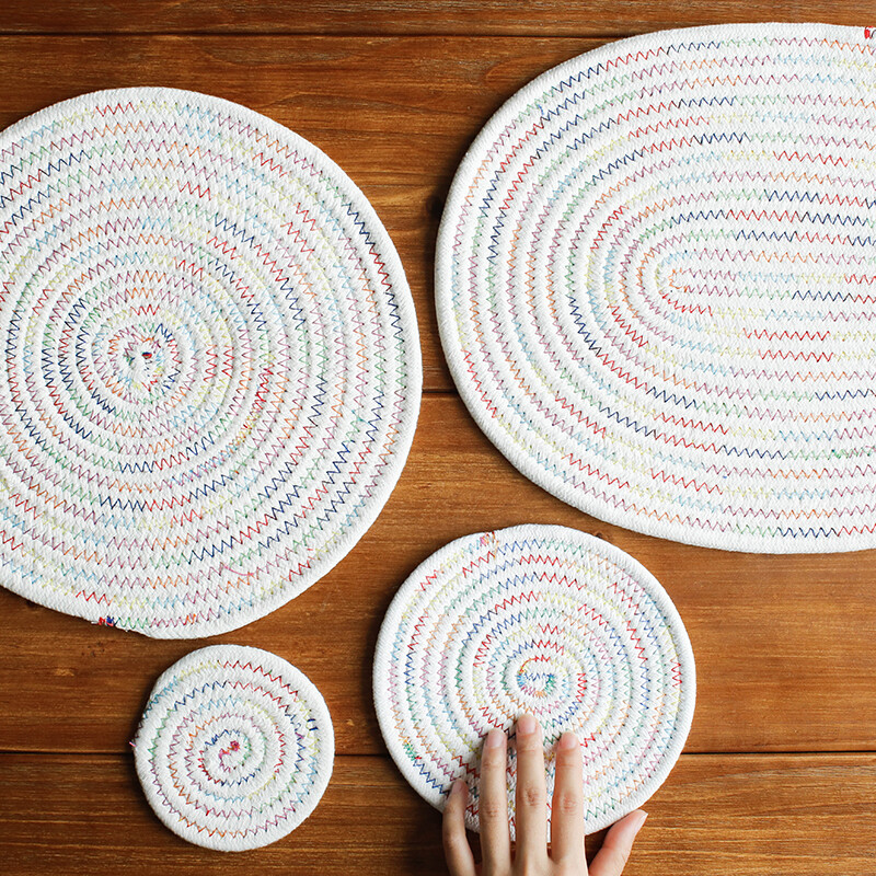 蓝莲花彩色棉线餐垫锅垫杯垫创意手工编织隔热垫家用创意圆形北欧