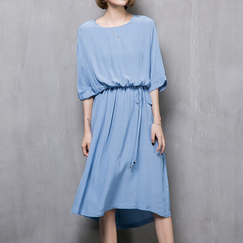 5月1号开售2017夏季女装韩版宽松半袖系带收腰中长款连衣裙子