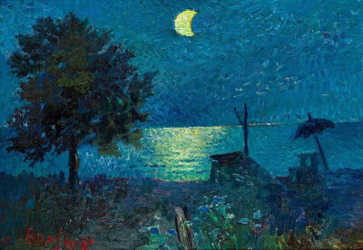 Sea At Night ，David Burliuk［俄］
夏日的夜晚，与溪水蛙鸣为伴吧 。