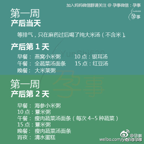 #月子餐# 【产后0~21天月子餐大全】精确到产后每天的早餐、10点、午餐、15点、晚餐、夜宵各餐的餐谱，准妈妈们一起学习吧！ （ via @童Bo儿） ​​​​