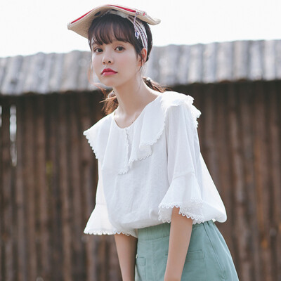 2017夏装新款韩版宽松娃娃领喇叭袖纯色棉麻衬衫女短袖学生衬衣