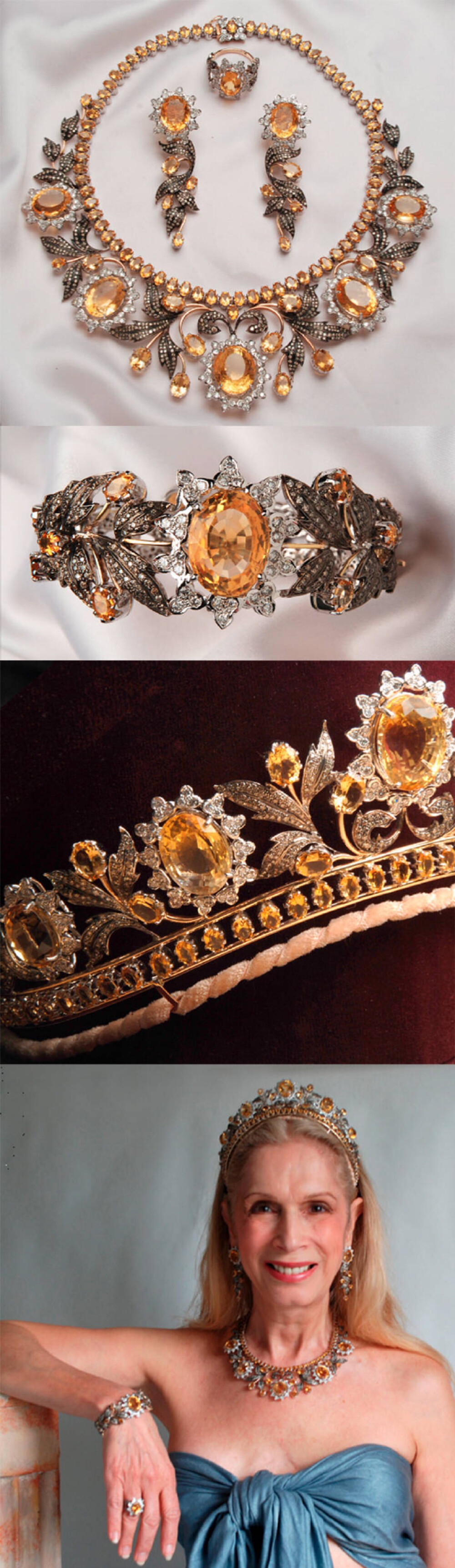 The Queen of Sheba Parure，由Lady Colin Campbell订做，据说镶的是蜂蜜色钻石（但是之前的留言说，看火彩，镶的更像是黄色蓝宝石，甚至黄水晶）；据说这是有史以来最昂贵的成套珠宝，£130,000,000，包含冠冕、项链、耳环、戒指和手镯。