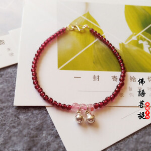 定制 【情钟】简约天然酒红石榴石草莓草银铃铛日韩女手链脚链闺蜜礼物