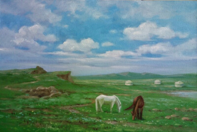 河北灵丘空中大草原，好朋友的家乡。所以我特意创作了这张画送给她，希望在异地打拼的我们不会太思乡。