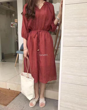 代购 YAYA东大门正品代购夏季七分袖棉麻料舒适腰部抽绳可调节连衣裙 by：aStarry