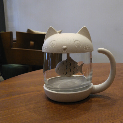 可爱猫咪办公水杯耐热带手柄玻璃马克杯带盖居家随手杯过滤茶杯 by：aStarry