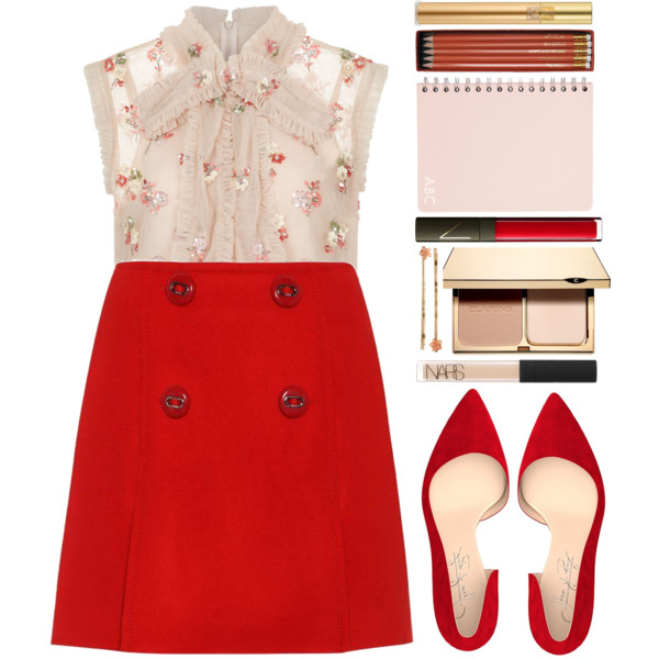 A fashion look from June 2017 featuring bow blouse, red wool skirt and red heel shoes. Browse and shop related looks.