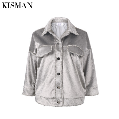 KISMAN2017秋冬新款欧美蝙蝠袖镶嵌水晶单排扣重工艺马毛外套女潮