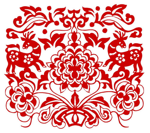 枕顶花——梅鹿闹牡丹