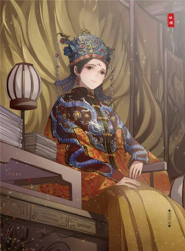 古风、手绘、美人、凤冠霞披